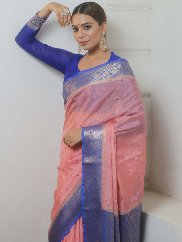 Banarasee Handloom Mirror Work Dupion Saree With Contrast Border-Pink & Blue