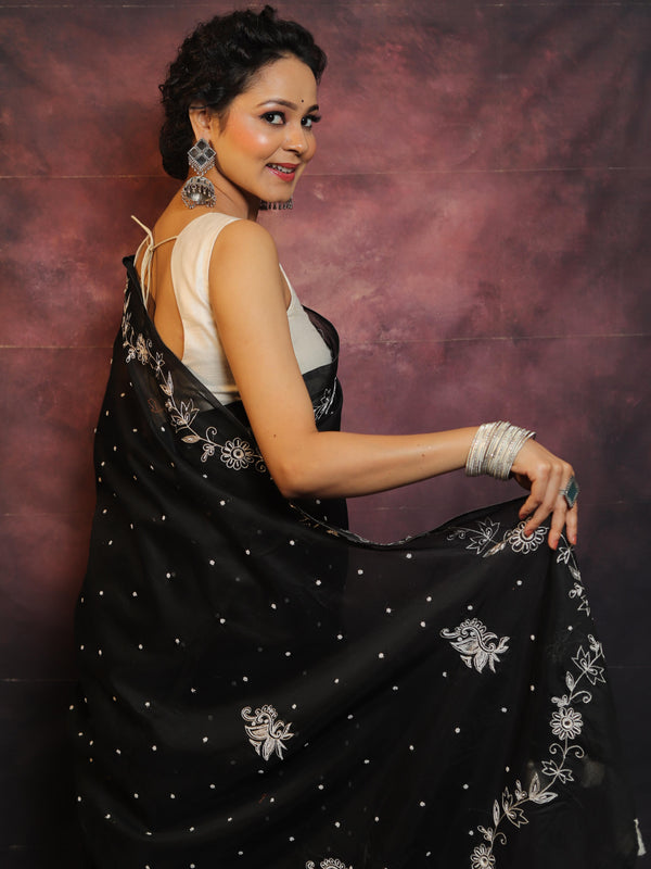 Banarasee Chanderi Cotton Hand-Embroidered Saree-Black
