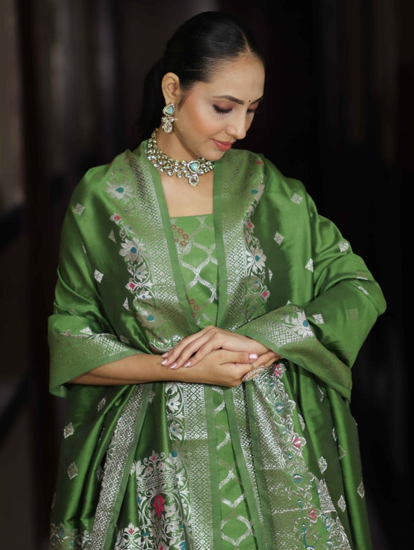 Banarasee Semi-Silk Silver Zari Work Salwar Kameez Fabric With Dupatta Set-Leaf Green