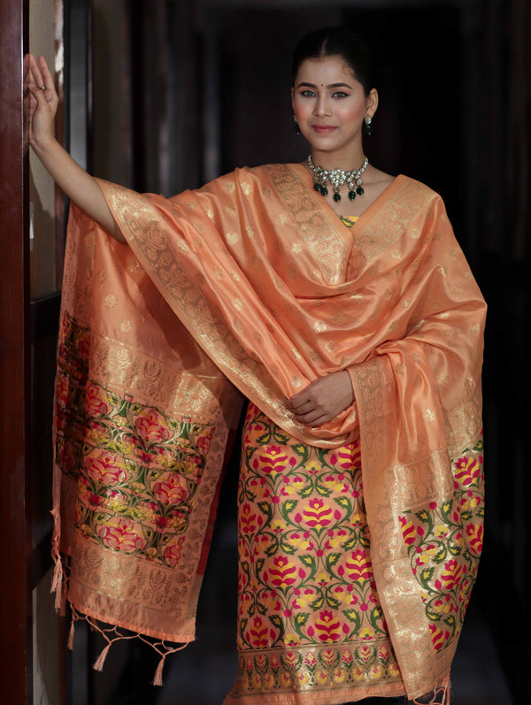 Banarasee Semi-Silk Zari & Resham Work Salwar Kameez Fabric With Dupatta Set-Peach