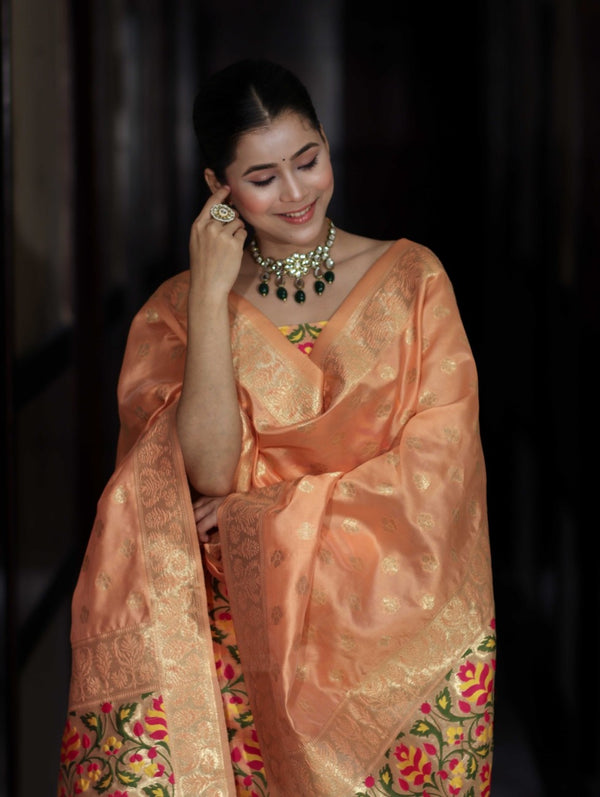 Banarasee Semi-Silk Zari & Resham Work Salwar Kameez Fabric With Dupatta Set-Peach