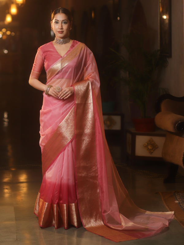 Banarasee Organza Dual Color Plain Saree With Zari Border Design-Pink