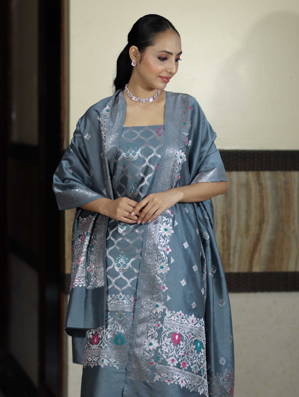 Banarasee Semi-Silk Silver Zari Work Salwar Kameez Fabric With Dupatta Set-Slate Blue
