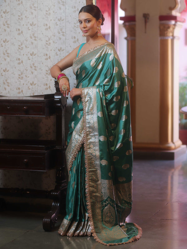 Banarasee Handloom Mashru Silk Saree Zari Buta & Border With Lace-Mint Green