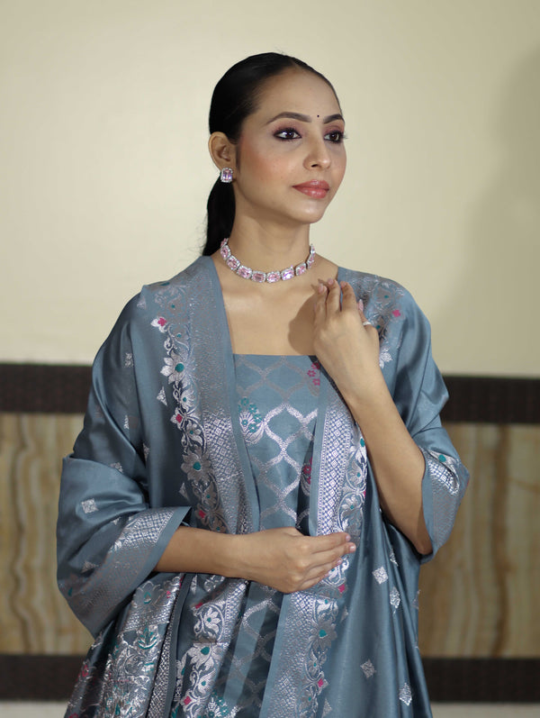 Banarasee Semi-Silk Silver Zari Work Salwar Kameez Fabric With Dupatta Set-Slate Blue