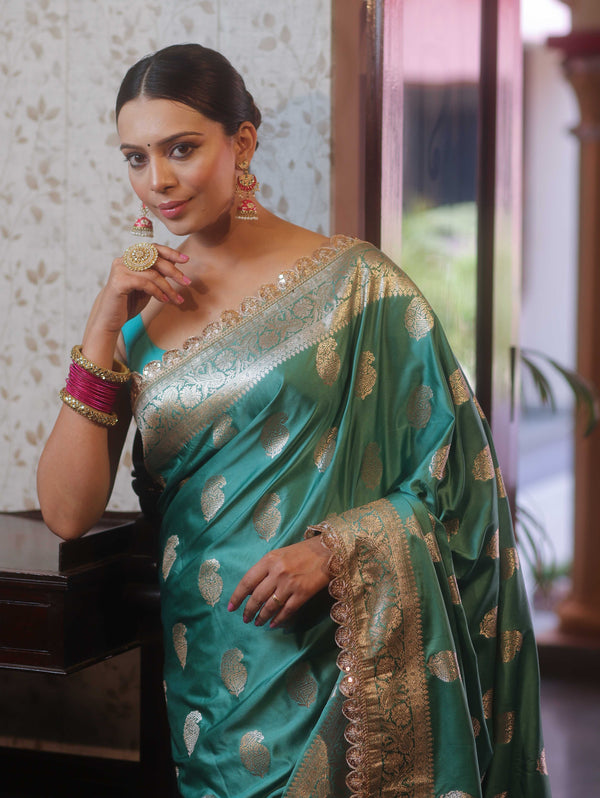 Banarasee Handloom Mashru Silk Saree Zari Buta & Border With Lace-Mint Green