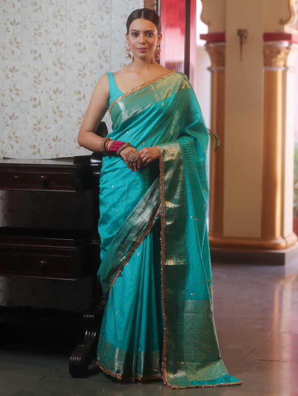 Banarasee Handwoven Semi Muga Zari Saree With Border & Lace-Teal Green