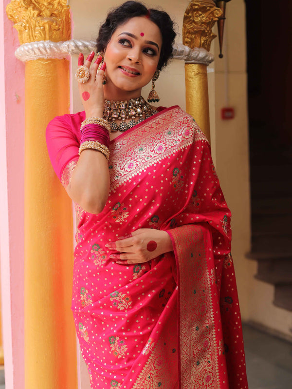 Banarasee Handwoven Semi-Katan Zari & Resham Weaving Floral Border Saree-Fuchsia Pink