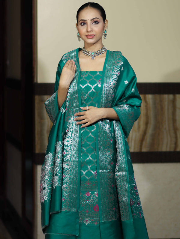 Banarasee Semi-Silk Silver Zari Work Salwar Kameez Fabric With Dupatta Set-Teal Green