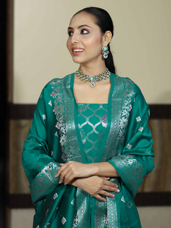 Banarasee Semi-Silk Silver Zari Work Salwar Kameez Fabric With Dupatta Set-Teal Green