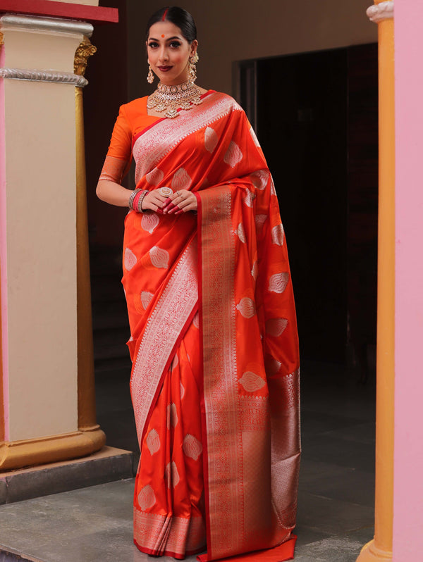 Banarasee Handwoven Semi-Katan Tanchoi Weaving Floral Border Saree-Orange
