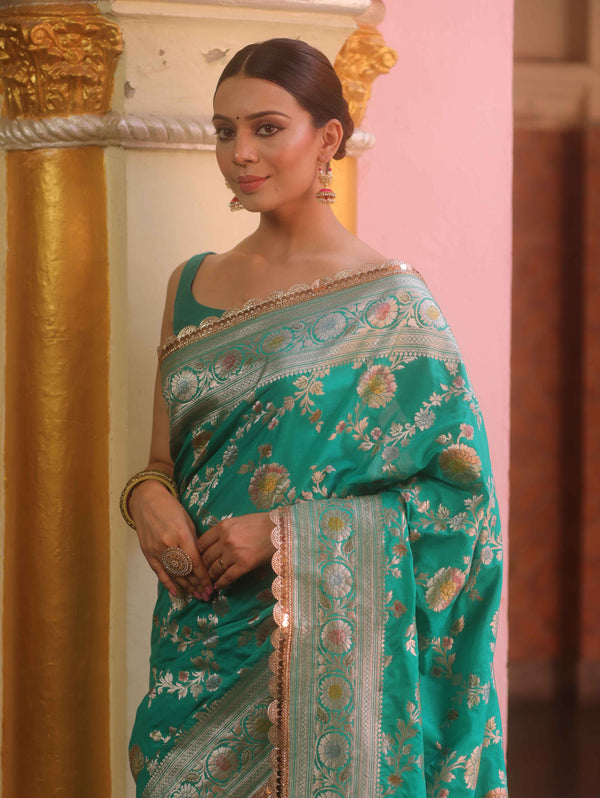 Banarasee Handwoven Semi Katan Saree With Hand Paint Zari Jaal Design & Lace-Spring Green