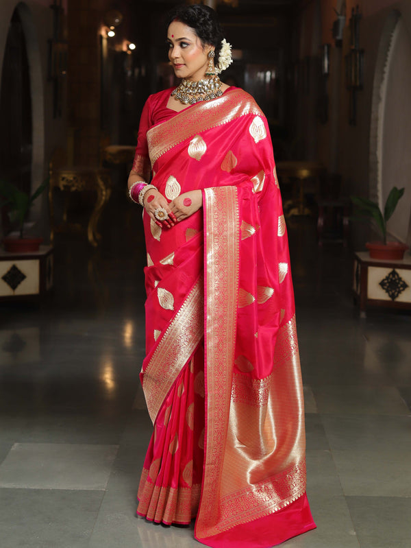 Banarasee Handwoven Semi-Katan Tanchoi Weaving Floral Border Saree-Pink