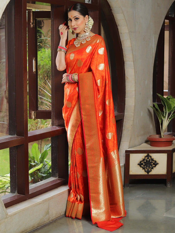 Banarasee Handwoven Semi-Katan Tanchoi Weaving Floral Border Saree-Orange