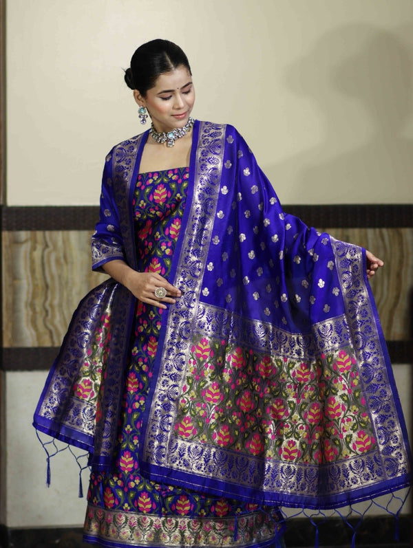 Banarasee Semi-Silk Zari & Resham Work Salwar Kameez Fabric With Dupatta Set-Royal Blue