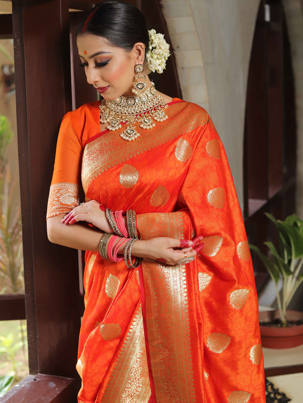 Banarasee Handwoven Semi-Katan Tanchoi Weaving Floral Border Saree-Orange