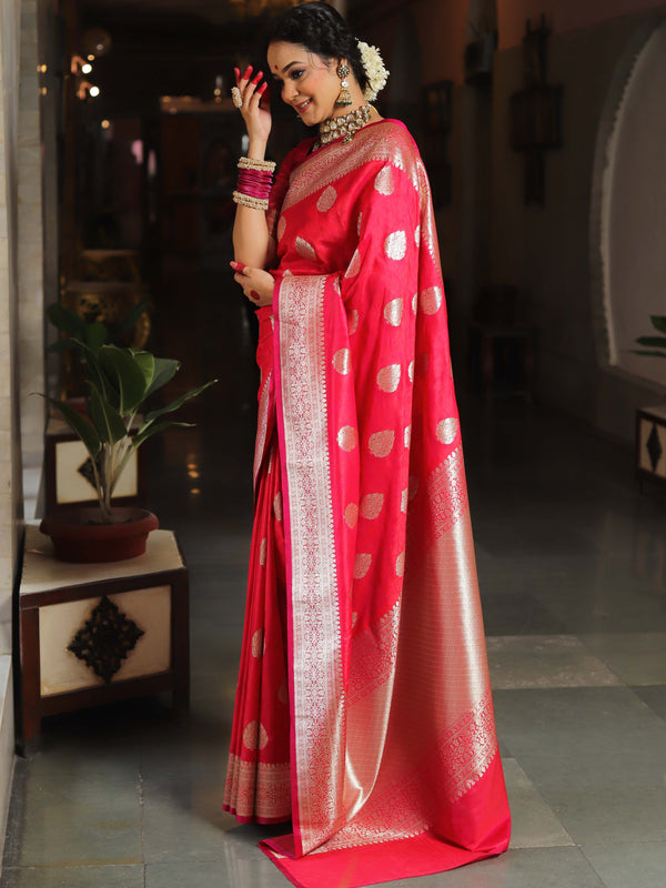 Banarasee Handwoven Semi-Katan Tanchoi Weaving Floral Border Saree-Pink