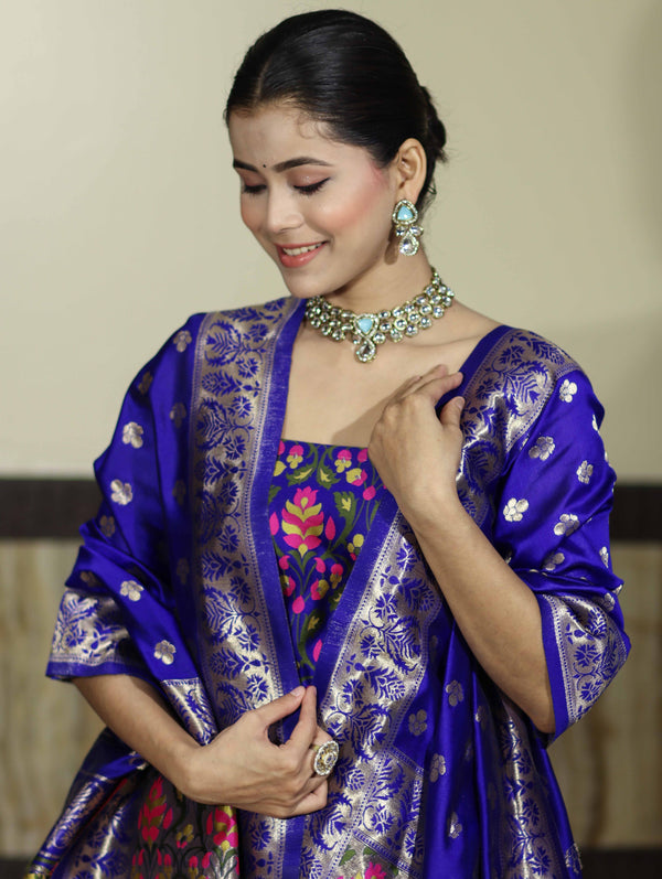 Banarasee Semi-Silk Zari & Resham Work Salwar Kameez Fabric With Dupatta Set-Royal Blue