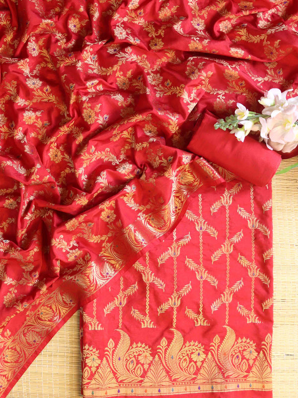 Banarasee Art Silk Zari Design Salwar Kameez With Dupatta Set-Red