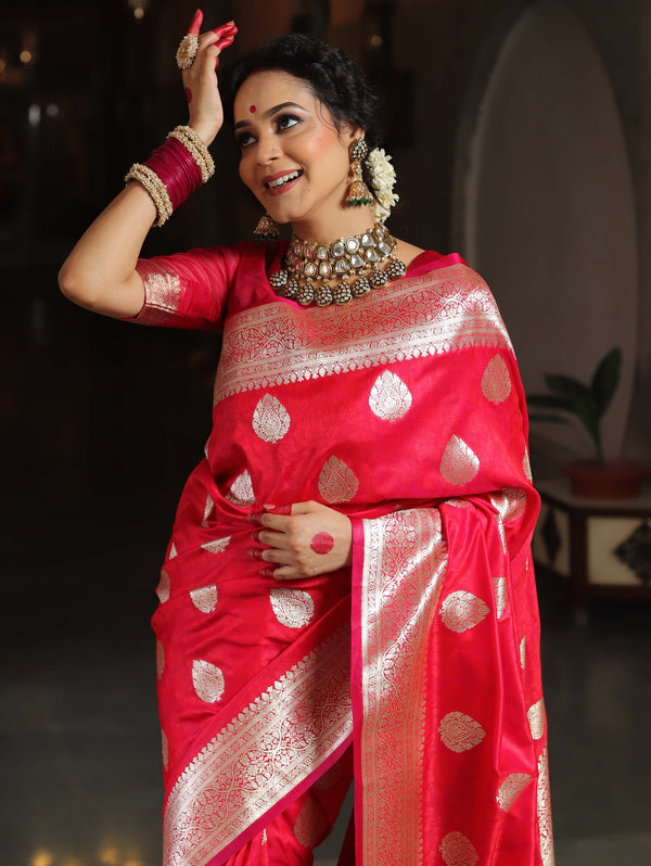 Banarasee Handwoven Semi-Katan Tanchoi Weaving Floral Border Saree-Pink