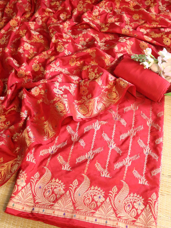 Banarasee Art Silk Zari Design Salwar Kameez With Dupatta Set-Red