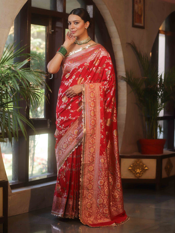 Banarasee Handwoven Semi Katan Saree With Hand Paint Zari Jaal Design & Lace-Red