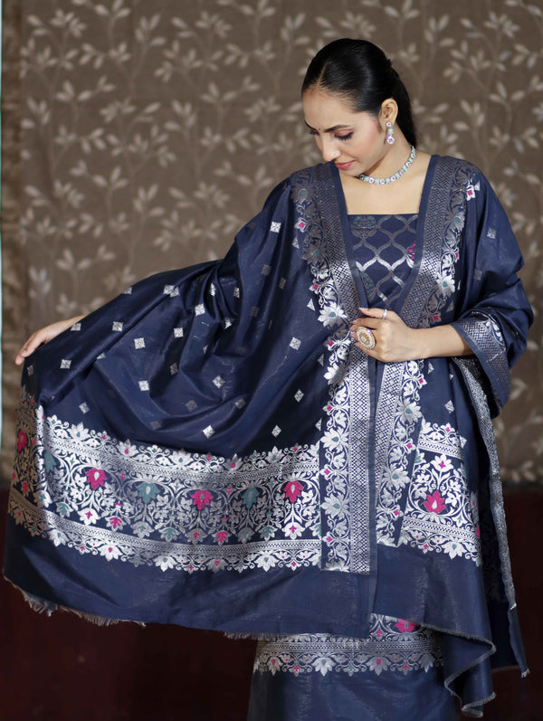 Banarasee Semi-Silk Silver Zari Work Salwar Kameez Fabric With Dupatta Set-Navy Blue