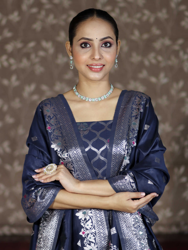 Banarasee Semi-Silk Silver Zari Work Salwar Kameez Fabric With Dupatta Set-Navy Blue