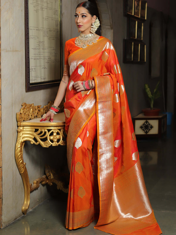 Banarasee Handwoven Semi-Katan Tanchoi Weaving Floral Border Saree-Orange