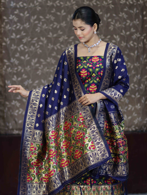 Banarasee Semi-Silk Zari & Resham Work Salwar Kameez Fabric With Dupatta Set-Navy Blue