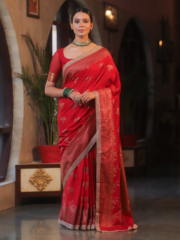 Banarasee Handwoven Silk Cotton Saree Antique Zari Buti & Border With Lace-Red