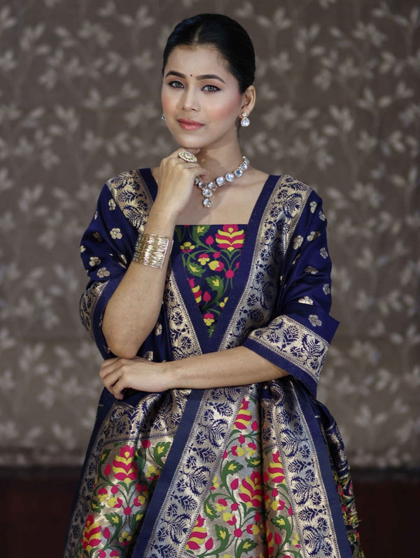 Banarasee Semi-Silk Zari & Resham Work Salwar Kameez Fabric With Dupatta Set-Navy Blue