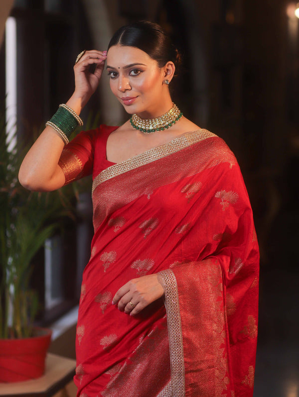 Banarasee Handwoven Silk Cotton Saree Antique Zari Buti & Border With Lace-Red