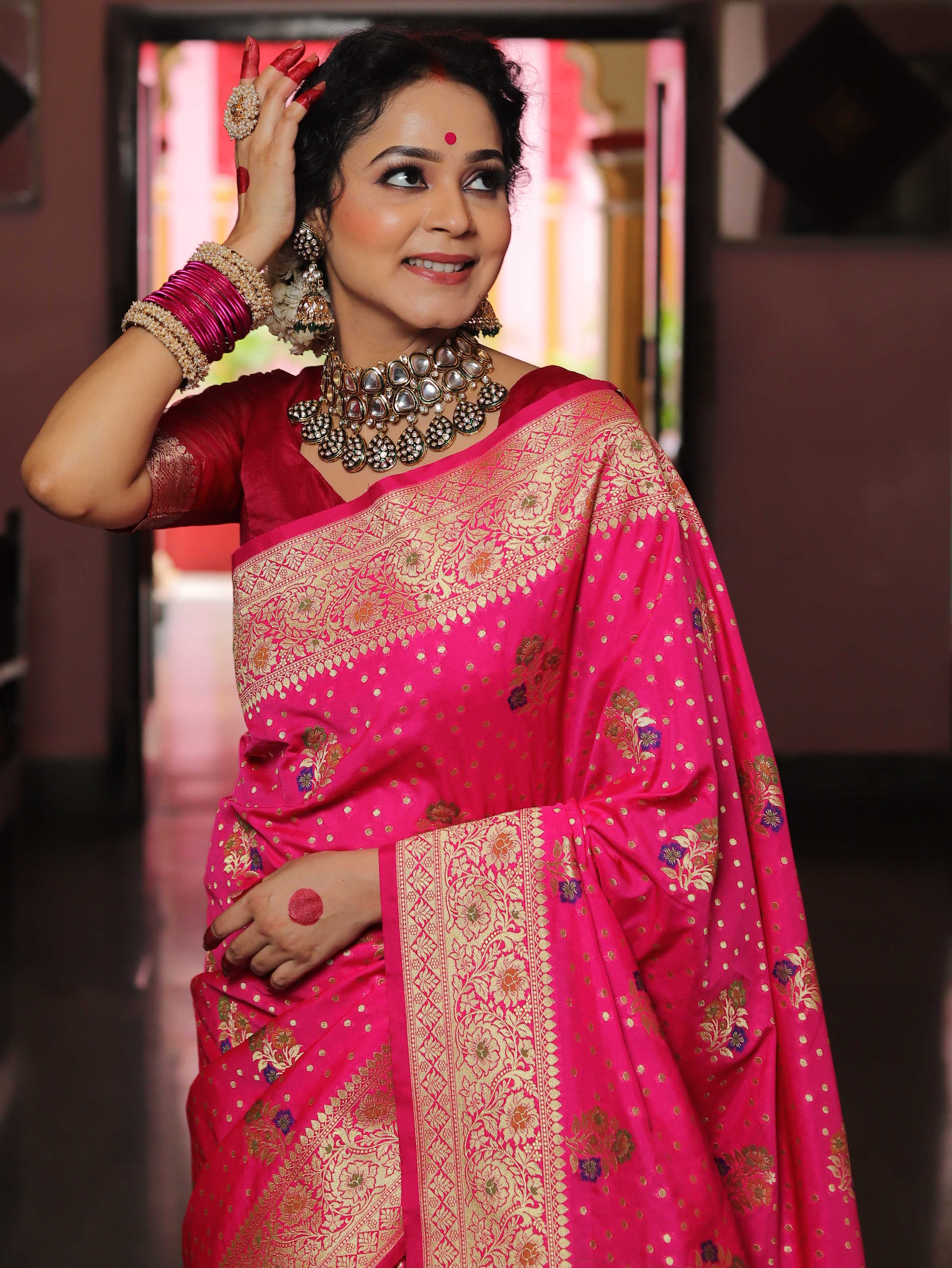 Banarasee Handwoven Semi-Katan Zari & Resham Weaving Floral Border Saree-Hot Pink