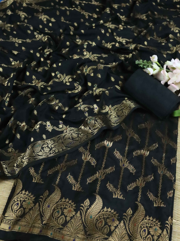 Banarasee Art Silk Zari Design Salwar Kameez With Dupatta Set-Black