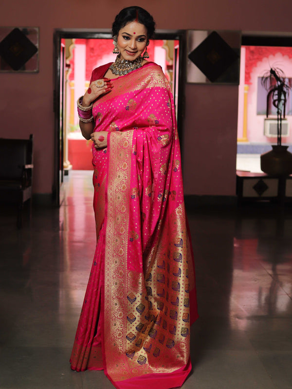 Banarasee Handwoven Semi-Katan Zari & Resham Weaving Floral Border Saree-Hot Pink