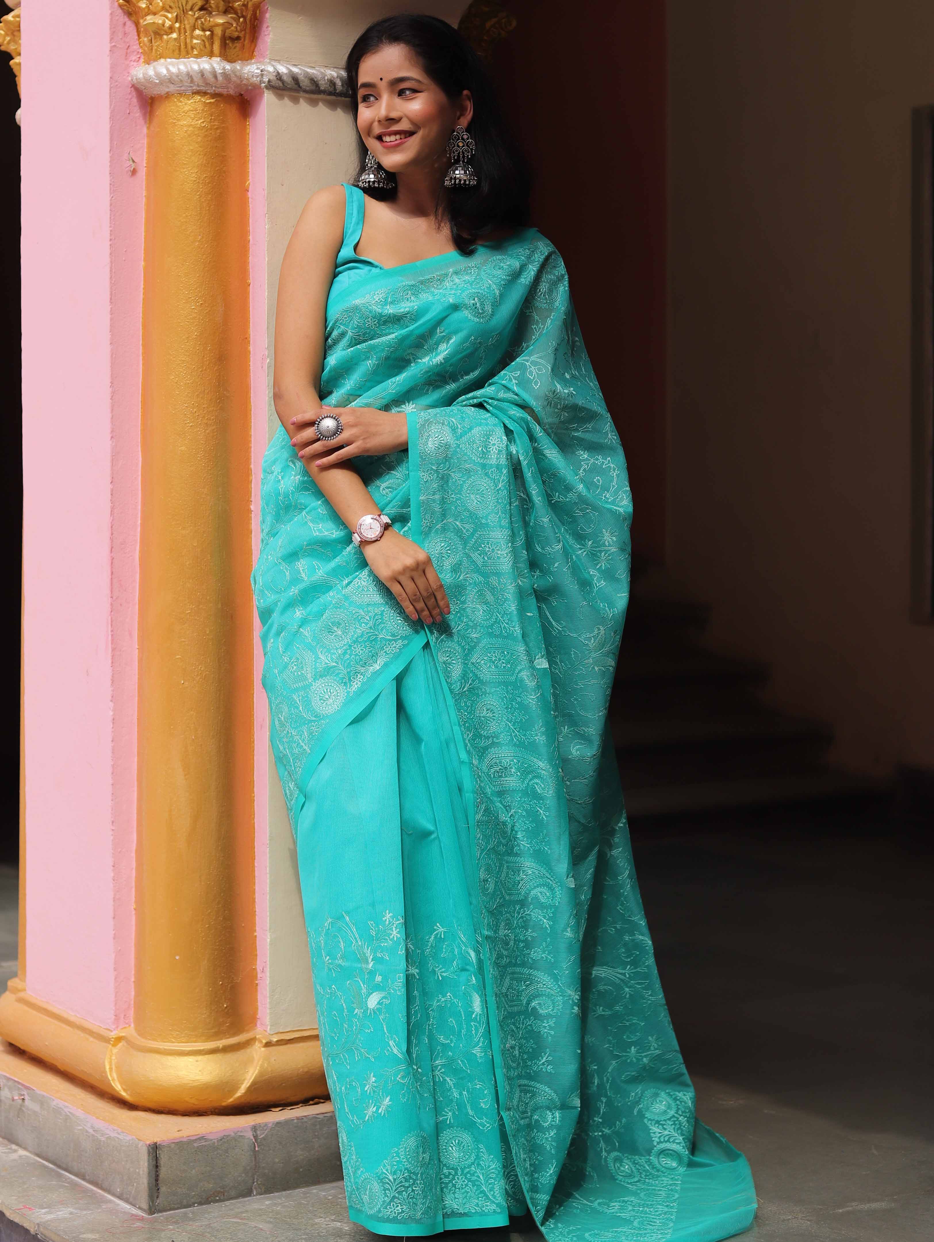 Banarasee Handwoven Super Net Embroidered Saree-Sea Green