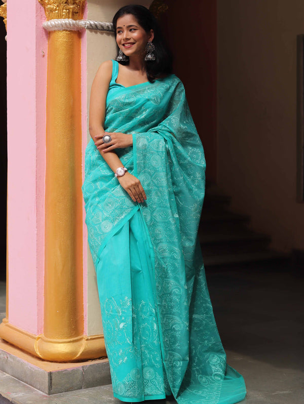 Banarasee Handwoven Super Net Embroidered Saree-Sea Green