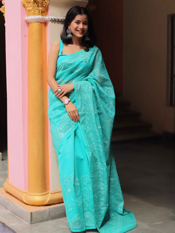 Banarasee Handwoven Super Net Embroidered Saree-Sea Green