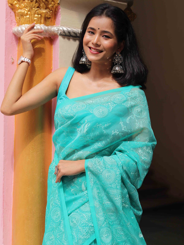 Banarasee Handwoven Super Net Embroidered Saree-Sea Green