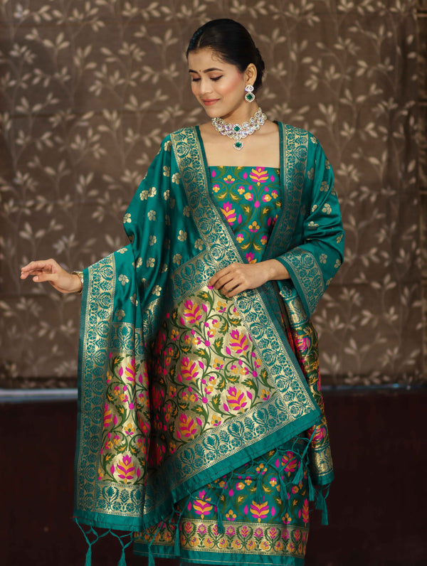 Banarasee Semi-Silk Zari & Resham Work Salwar Kameez Fabric With Dupatta Set-Peacock Blue