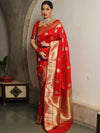 Banarasee Handwoven Semi-Katan Tanchoi Weaving Floral Border Saree-Deep Red