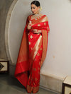 Banarasee Handwoven Semi-Katan Tanchoi Weaving Floral Border Saree-Deep Red