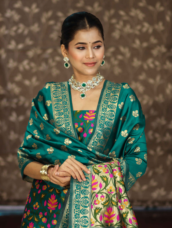 Banarasee Semi-Silk Zari & Resham Work Salwar Kameez Fabric With Dupatta Set-Peacock Blue