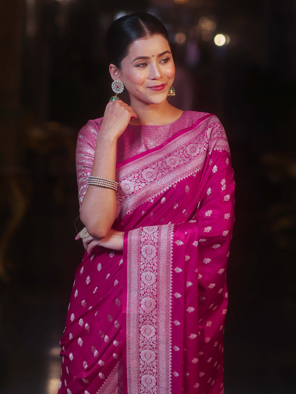 Banarasee Handwoven Semi Katan Saree With Zari Buti Design & Border-Pink