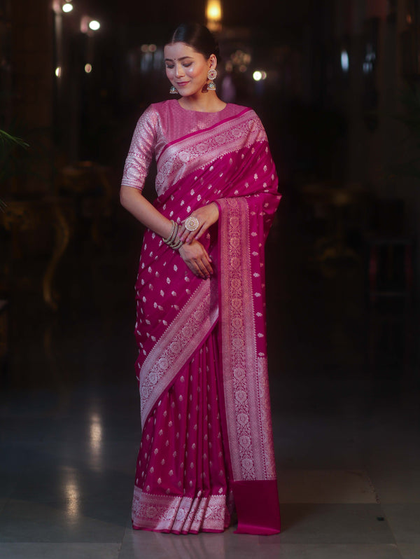 Banarasee Handwoven Semi Katan Saree With Zari Buti Design & Border-Pink