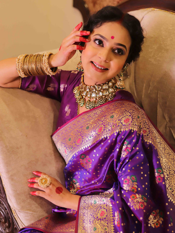 Banarasee Handwoven Semi-Katan Zari & Resham Weaving Floral Border Saree-Violet