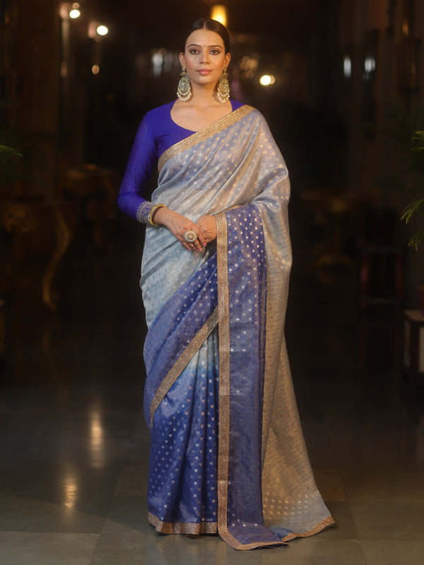 Banarasee Handwoven Tissue Dual Color Saree With Zari Buta & Lace-Blue
