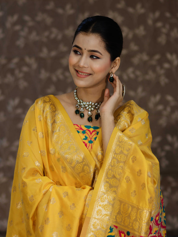 Banarasee Semi-Silk Zari & Resham Work Salwar Kameez Fabric With Dupatta Set-Yellow