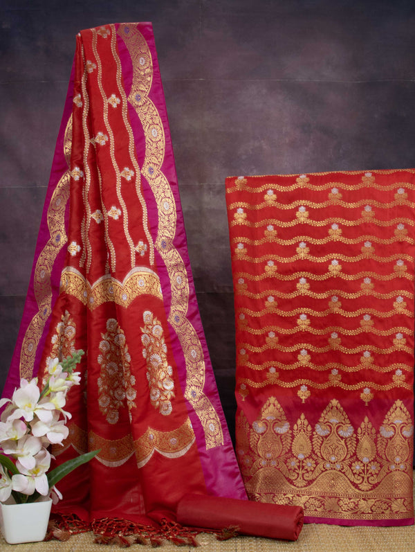 Banarasee Art Silk Zari Design Salwar Kameez With Dupatta Set-Red
